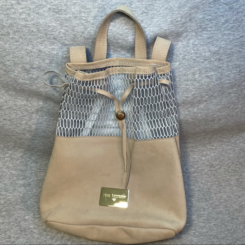 TRUE RELIGION Backpack Beach Bag Drawstring Suede and Mesh Waterproof Liner